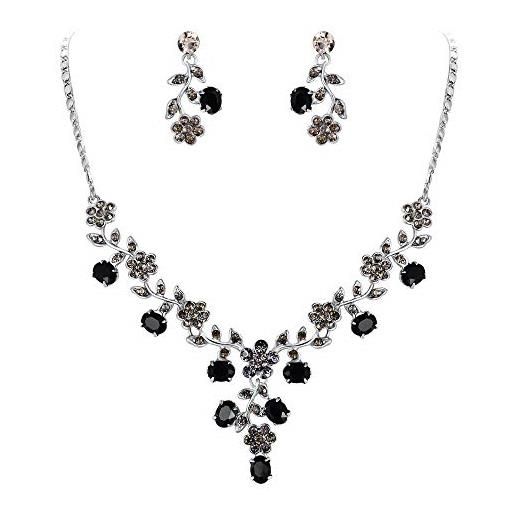 EVER FAITH collana e orecchini da donna, cristallo austriaco sposa fiore foglia parure gioielli nero argento-fondo