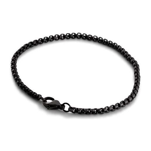 Akitsune baca maglie della catena braccialetto | 3 mm di diametro | box rolo chain degli uomini donne moschettone in acciaio inox minimalista - 19 centimetri nero