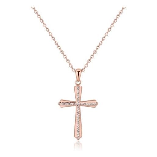 GAVU collana placcata oro rosa con ciondolo croce con piccoli diamanti di cubic zirconia da donna