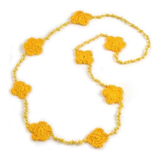 Avalaya collana lunga fatta a mano con fiori gialli e perline di vetro all'uncinetto, leggera, 100 cm di lunghezza, misura unica, cordoncini
