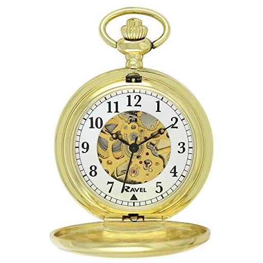 Ravel - orologio da tasca meccanico scheletrato lucido - colore oro