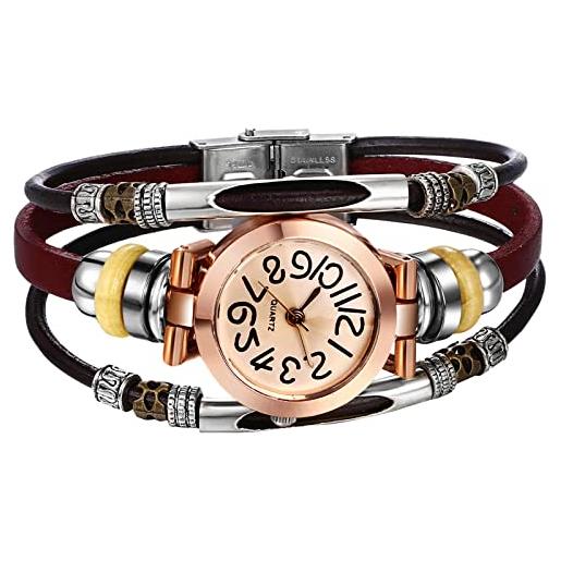 JewelryWe orologi da donna vintage boemia multi-layer weave wrap orologio da polso in pelle analogico al quarzo, marrone e nero. 