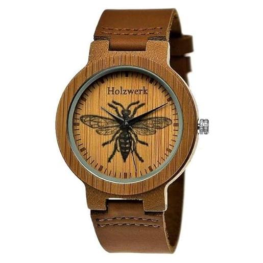 Holzwerk Germany orologio da donna realizzato a mano, orologio da uomo, in legno, ecologico, naturale, orologio da polso, analogico, classico, al quarzo, marrone, con api, motivo api, vespa. Marrone