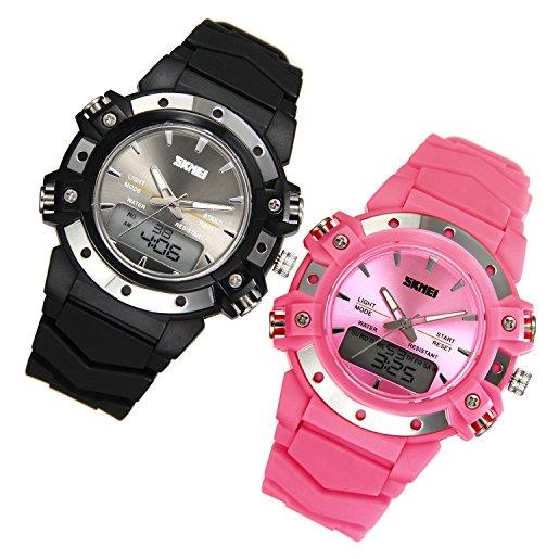 JewelryWe 2pcs orologi ragazzi ragazze orologio digitale analogico per gli sport esterni, bambini orologio colori nero rosa coppie, 5atm impermeabile buon regalo 2017