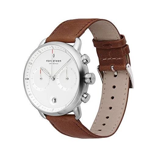 Nordgreen pioneer orologio cronografo da uomo minimal silver large 42 mm quadrante bianco e cinturini intercambiabili, cinturino in pelle marrone. , 42mm, cinturino