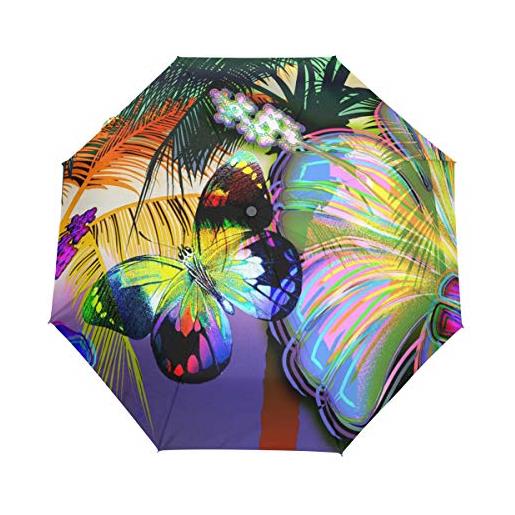 Mnsruu ombrello automatico compatto con farfalle arcobaleno, ombrello da viaggio pieghevole portatile per donne e uomini