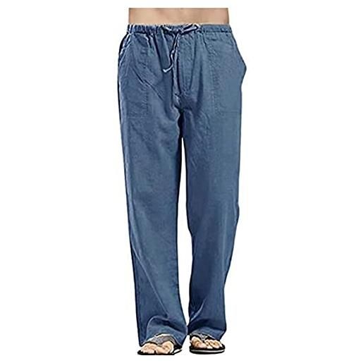 SHENGFU pantaloni lunghi da uomo in lino di cotone, pantaloni estivi leggeri, pantaloni larghi for il tempo libero da uomo, pantaloni da uomo in lino con coulisse elastica (color: khaki, size: xxl)