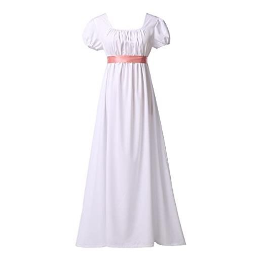 BLESSUME regency vestito da donna a fascia increspata con maniche a sbuffo impero vita tea party abito da ballo, bianco, s