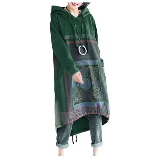 ORANDESIGNE abito felpa donna vestito elegante vintage felpa lungo con cappuccio manica lunga stampa etnica hoodie oversized midi abito in felpa con tasche casual pullover abito c caffè