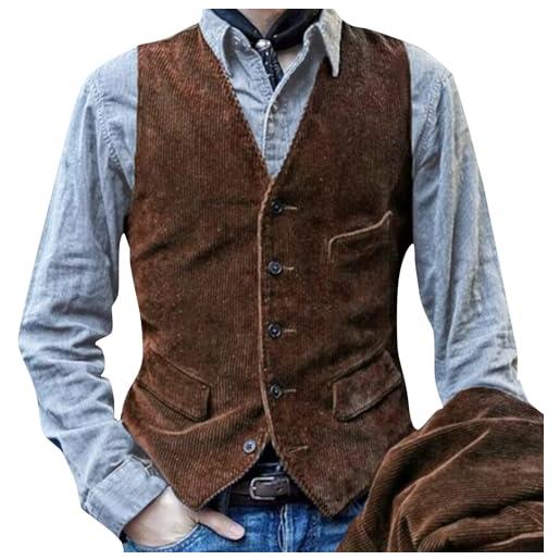 JokeLomple gilet da uomo in velluto a coste vintage moda monopetto multi tasca slim fit business vest