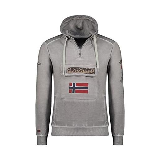 Geographical Norway gymclass - felpa con cappuccio da uomo, look lavato, tasca sul petto, mezza zip, con cappuccio e ricami, grigio, m