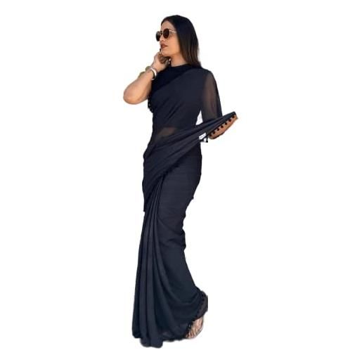 BishtHub Fashion georgette pom-pom pizzo boardered sari con camicetta senza cuciture, nero, taglia unica