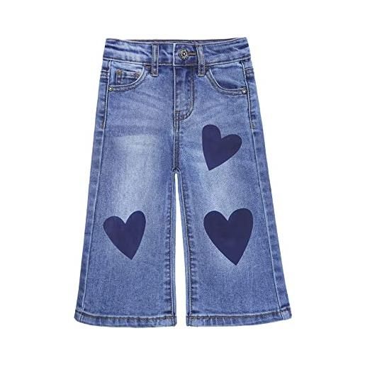 KIDSCOOL SPACE jeans bambina, pantaloni denim. Orlo svasato a gamba larga stampati cuore, profondo blu, 3-4 anni