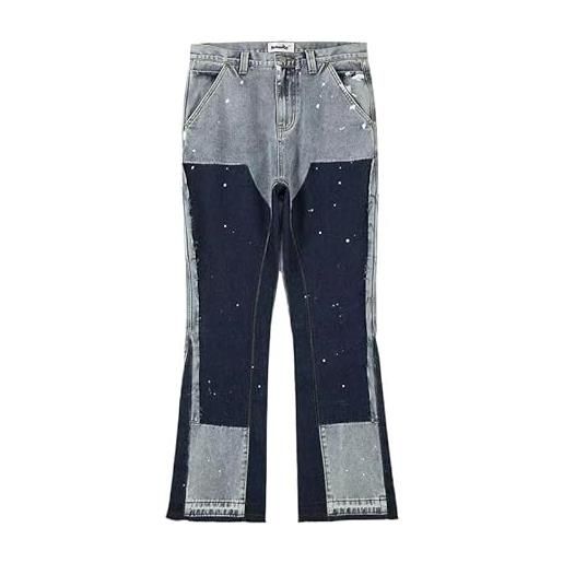 SpeesY jeans larghi da uomo in tinta unita con inchiostro maculato streetwear for uomo pantaloni in micro denim con frange patchwork larghi oversize (color: blue, size: asian 32)