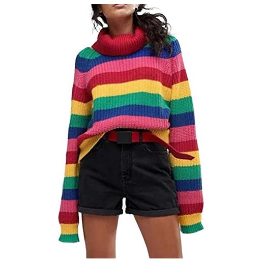 CYGE maglione da donna arcobaleno a righe pullover in maglia dolcevita cardigan allentati maglione autunno maglione, rainbow, s