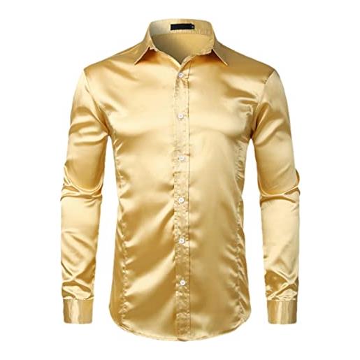 keusyoi camicia di raso di seta autunnale camicie da uomo a maniche lunghe camicie da uomo in tinta unita liscia lucida camicia slim fit, oro, xxl