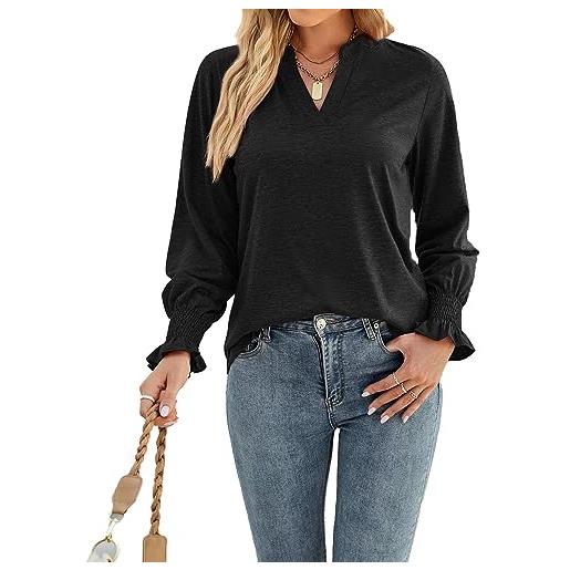 Coloody maglietta maniche lunghe da donna larghe con scollo a v colore solido casual elegante bluse basic tee shirt pullover-nero-xxl