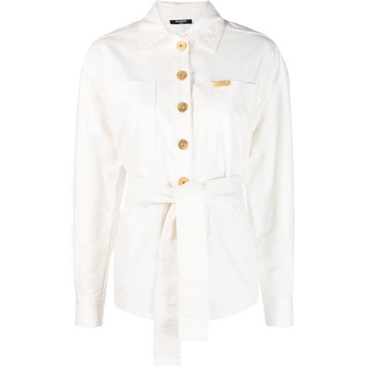 Balmain giacca-camicia denim con placca logo - bianco