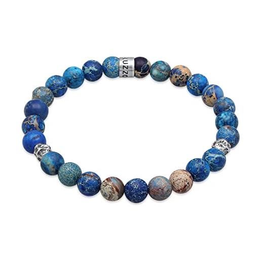 Kuzzoi buddha bracciale da uomo in perle di agata di colore blu, perline organiche in argento sterling 925, lunghezza 19-23 cm
