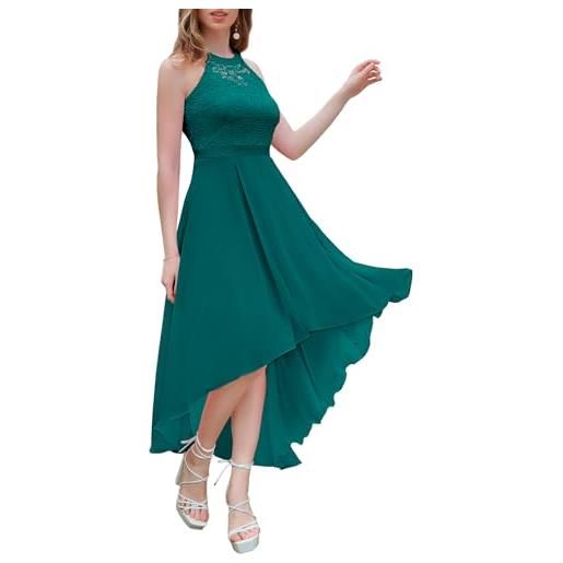 Wedtrend abito da cocktail da donna, elegante, per matrimonio, basso, elegante, da sera, con allacciatura al collo, in chiffon, con pizzo, verde pavone, s