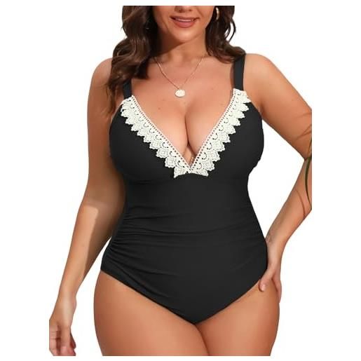 CUPSHE costume da bagno da donna, taglia unica, in pizzo, scollo a v, increspato, controllo della pancia anteriore, con spalline larghe regolabili, nero, xx-large