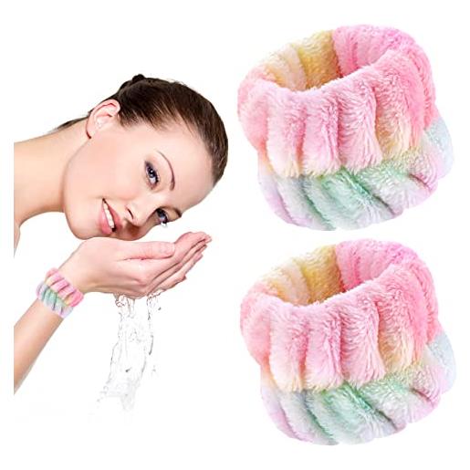 WLLHYF 2 pezzi braccialetti lavaggio viso e fascia lavaggio spa asciugamani da polso in microfibra per donne lavaggio viso trucco yoga sport copricapo fascia per capelli (colori arcobaleno)