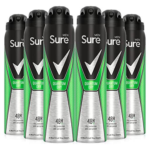 Sure men quantum deodorante anti-traspirante da uomo, 250 ml, confezione da 6