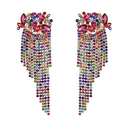 EVER FAITH cristalli di strass frangia floreale dangle nappe catena goccia orecchini chandelier per le donne multi. Color
