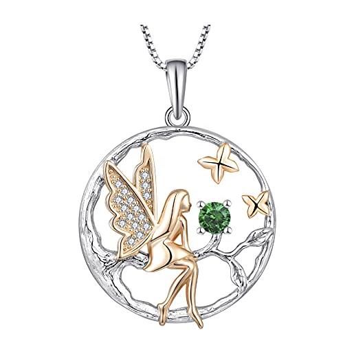 FJ collana angelo donna argento 925 collana con ciondolo elfo fata farfalla collana albero della vita collana maggio pietra portafortuna smeraldo gioielli regalo per donna