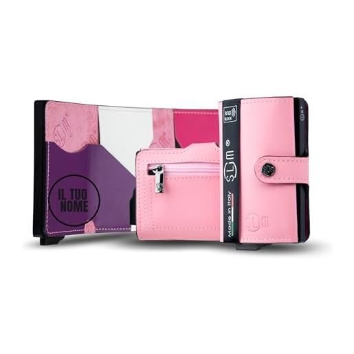 SLim portafoglio personalizzabile porta carte di credito schermato portacarte anticlonazione uomo donna personalizzabile (rosa multicolor con zip)