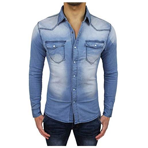 Evoga camicia di jeans uomo casual cotone denim slim fit aderente (m)