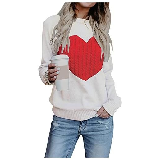 Prreey women's long sleeve crewneck cute heart knitted pullover sweaters valentine's day casual loose jumper tops (white red, medium)