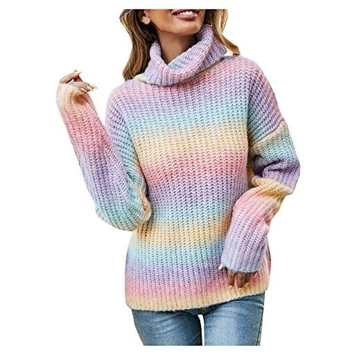 NHNKB maglione lungo a collo alto, da donna, colorato, a maglia grossa, da donna, per autunno e inverno, cuciture a colori, a righe, a collo alto, maglione a maglia, colore: rosa. , l