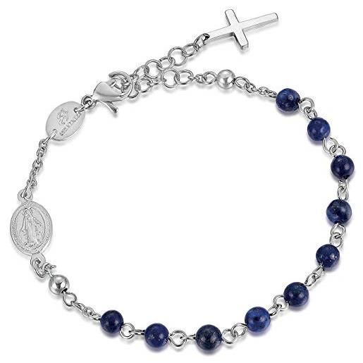 Luca Barra bracciale da uomo collezione religion. Bracciale rosario in acciaio con pietre lapis. Lunghezza: 18 + 3 cm. La referenza è lbba1077