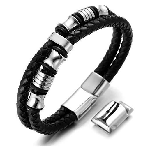 HALUKAKAH kids ● honour junior ● boy's genuine leather bracelet 6-12 y/o. With titanium beads silver magentic clasp 7-8/18-19.5cm with free giftbox