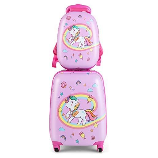 GYMAX trolley per bambini, set di valigia & zaino scuola carino (12+16, unicorno 3)