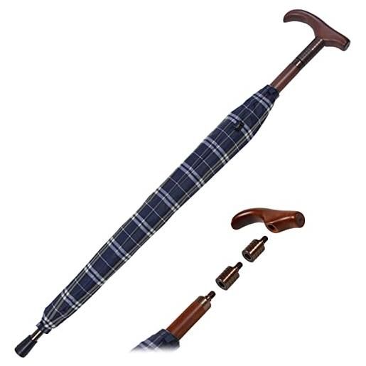 iX-brella ombrellone regolabile in altezza con manico in legno, blu a quadretti, 105 cm