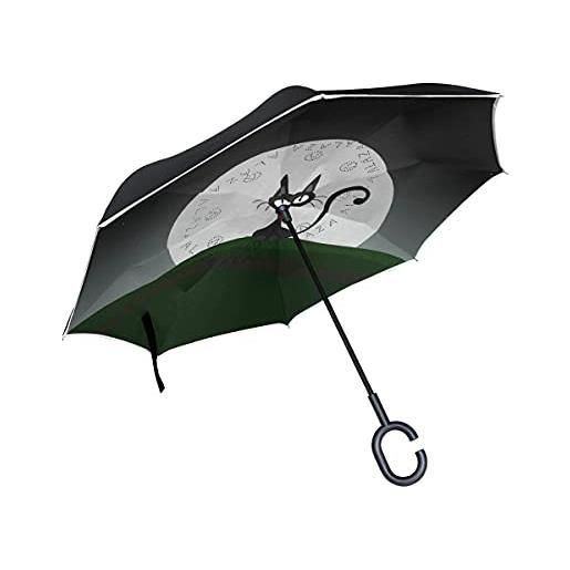 Hengpai - ombrello con gatto nero e luna, rovesciato, rovesciato, per auto, antivento, a prova di raggi uv, doppio strato per le donne
