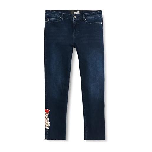 Love Moschino cropped triblend personalised with llogo embroidered hand patch at the hem pantaloni casual, blue denim, 26 da donna