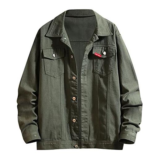 Duohropke giacca basic da uomo, in jeans, vintage, per le mezze stagioni, in tinta unita, da uomo, per l'autunno, la transizione, in denim, con chiusura a bottoni, cappotto di jeans, verde militare, l