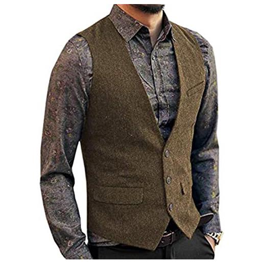 Solove-Suit - gilet da uomo in tweed in lana tweed con scollo a v, slim fit marrone m