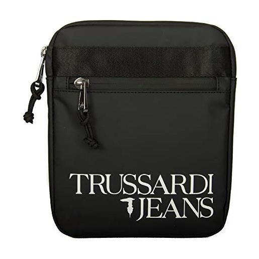 Trussardi borsa uomo con tracolla jeans articolo 71b00174 t-travel flat crossbody sm ecolather bag - cm. 23x20x2,5, k299 nero - black, unica
