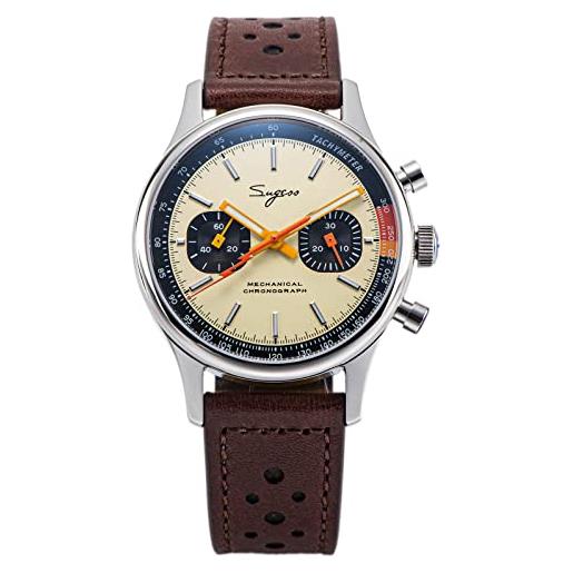 Sugess seagull st1901 panda 40mm cream racing chronograph sapphire 1963 pelle marrone v2 bnib, crema, cinturino