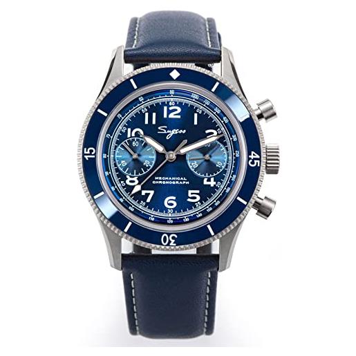 Sugess gabbiano st1901 42mm blu aviazione militare cronografo zaffiro 1963 bnib, blu, cinturino