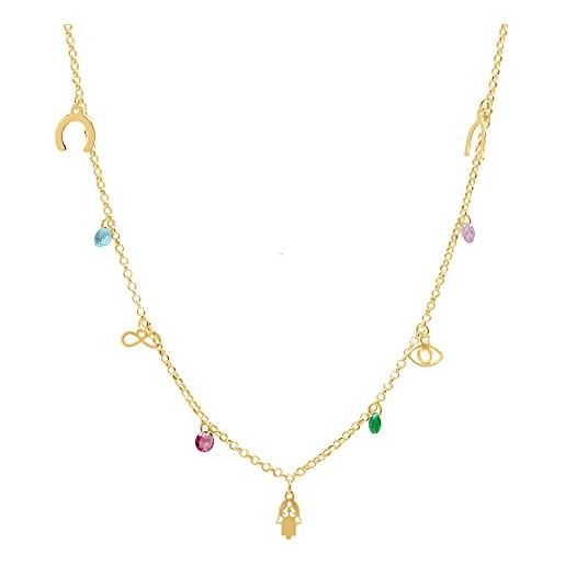 WANDA PLATA collana portafortuna donna, mano di fatima, ferro di cavallo, simbolo dell'infinito, occhio turco argento 925 placcato oro con pietre colorate, catena 40 cm-45 cm, gioelli protezione