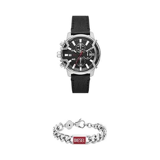 Diesel orologio cronografo da uomo in quarzo con bracciale grigio dz4603 + anello da uomo in acciaio color oro con logo a d, dx1376710