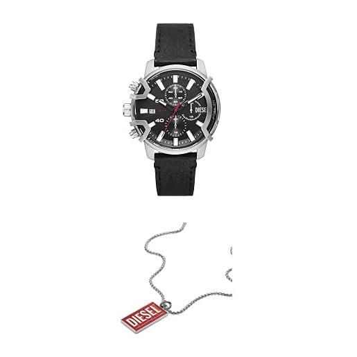 Diesel orologio cronografo da uomo in quarzo con bracciale grigio dz4603 + collana con piastrina da uomo, in acciaio con logo, colore rossa, dx1368040