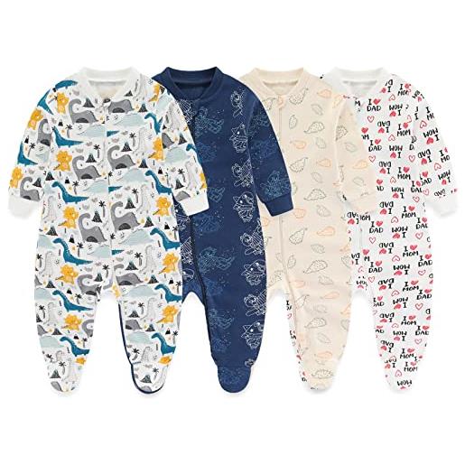 MAMIMAKA pigiama unisex per neonato, con cerniera a 2 vie, in cotone, per dormire e giocare, confezione da 4 - 18 mesi, con piedi-2, 1 mese