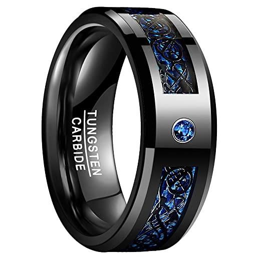 NUNCAD anelli di fidanzamento nero con celtico dragon e fibra di carbonio + zircone blu, anelli 8mm in tungsteno uomo donna per matrimonio fede nuziale taglia 29.75