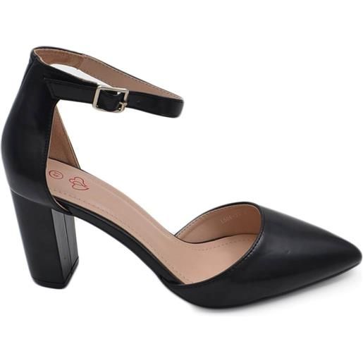 Malu Shoes scarpa decollete' donna a punta maryjane nero con tacco largo 8cm e cinturino alla caviglia stabile comodo